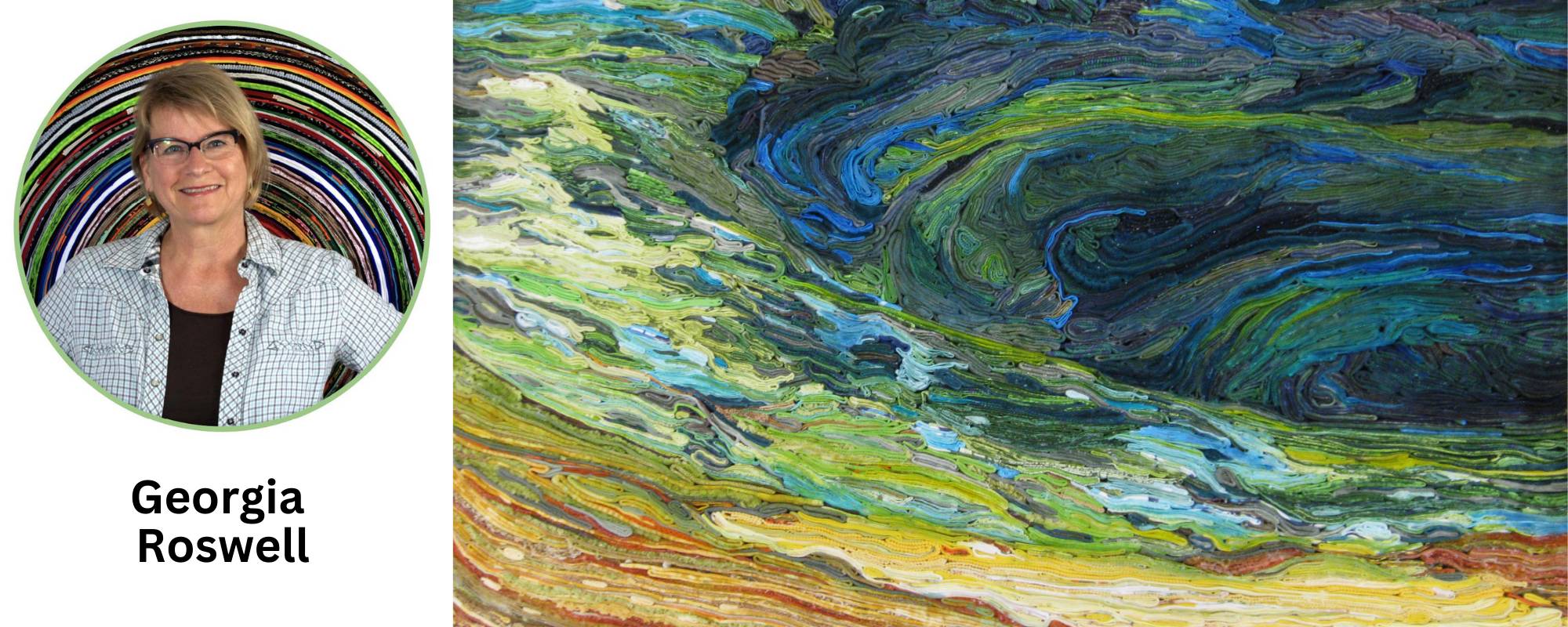 Photograph of artist Georgia Roswell with image of her artwork created from recycled fabrics.